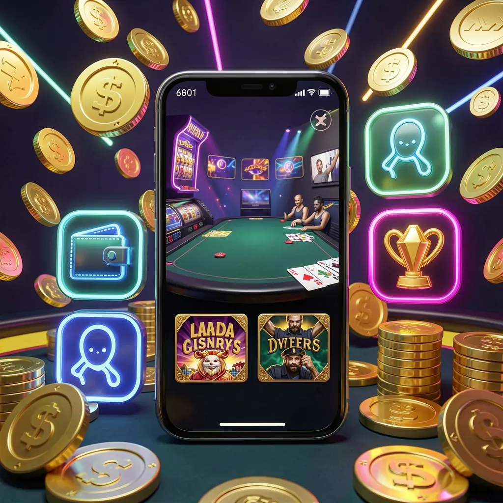 9AKING online casino app interface displayed on a smartphone surrounded by icons for wallet, games, support, and rewards, with golden coins and neon lights in a luxury 3D render style