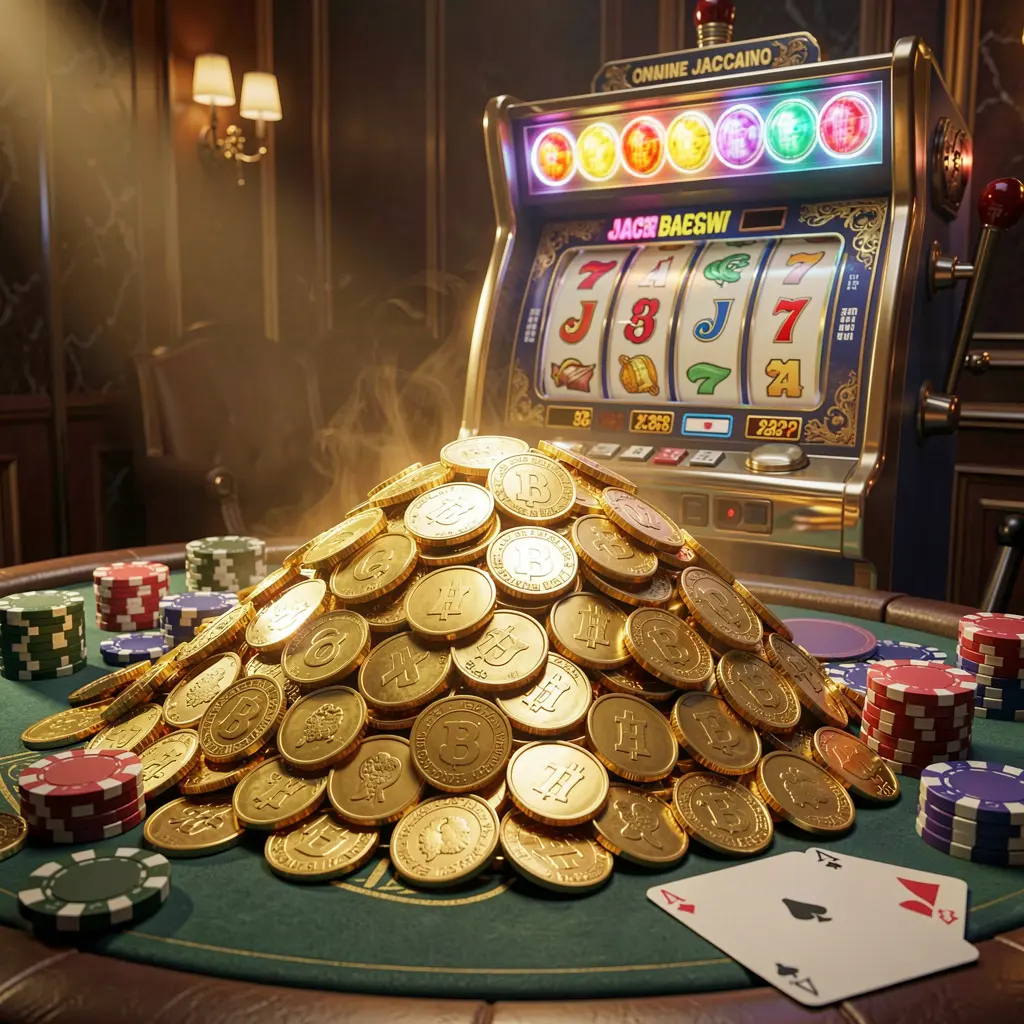 9AKING online casino jackpot bonus scene featuring a massive pile of golden coins, a slot machine in the background with glowing jackpot lights, poker chips and playing cards on a luxury table under dramatic cinematic lighting
