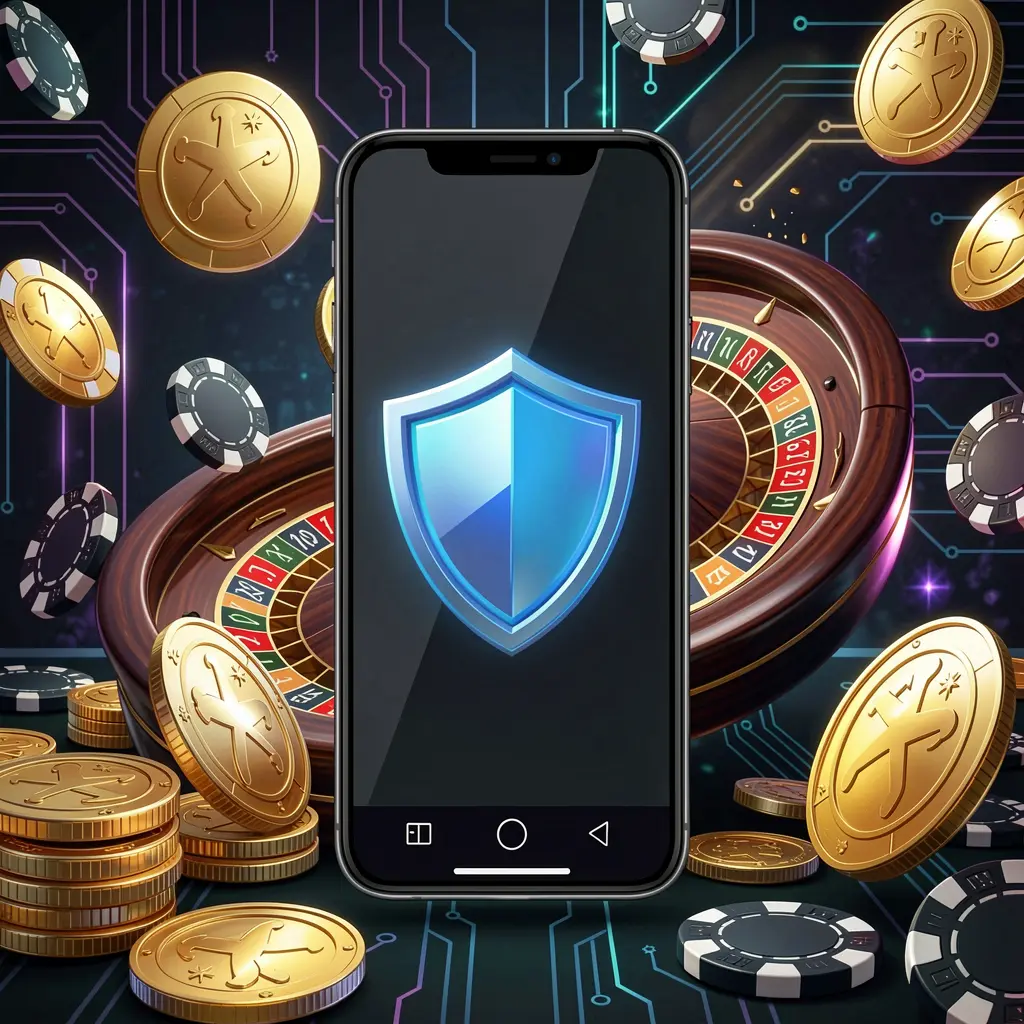 9AKING secure mobile casino access showing a phone screen with a shield icon, roulette wheel, poker chips, and golden coins in a dark cyber luxury atmosphere
