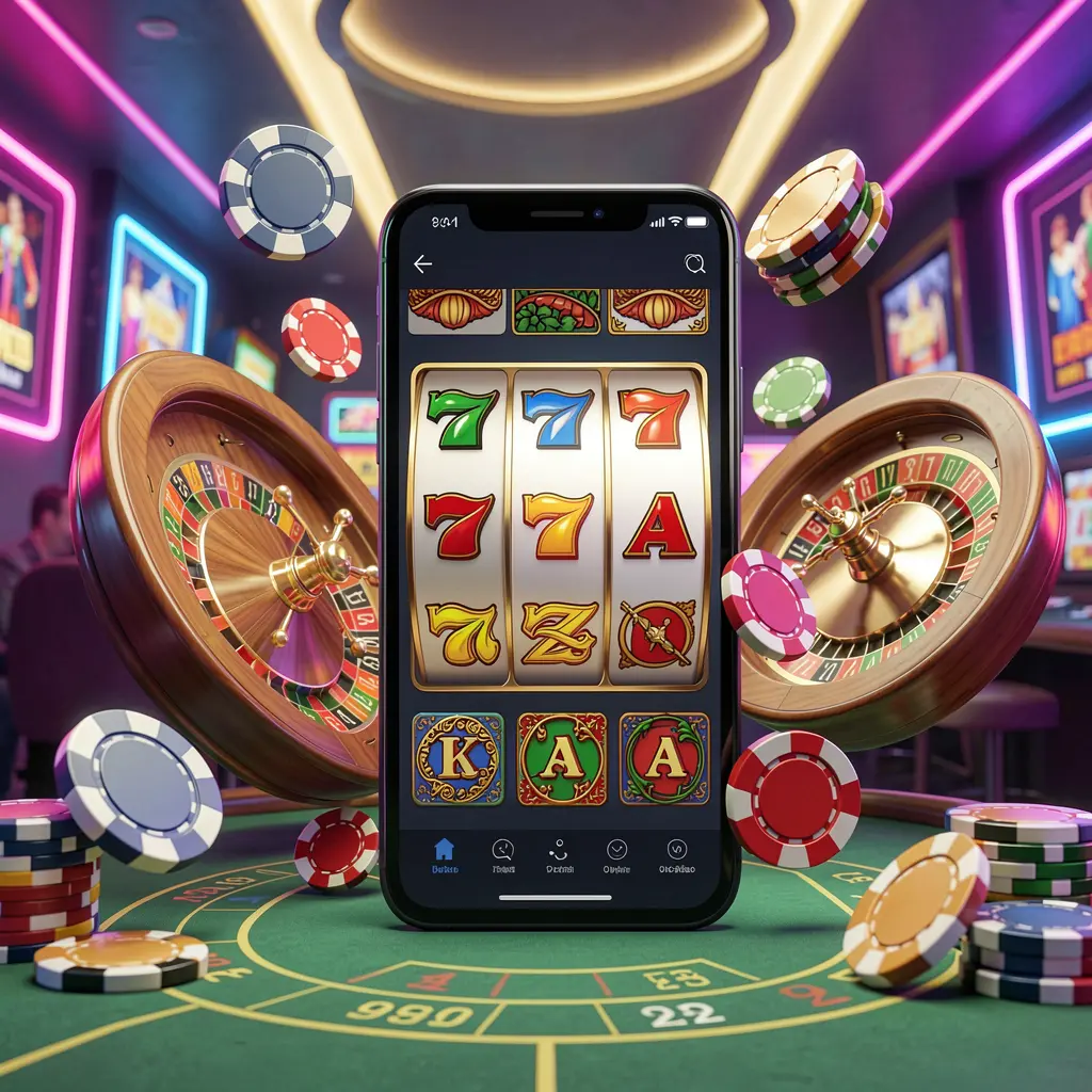 9AKING casino entertainment homepage concept featuring a modern mobile phone surrounded by slot symbols, roulette wheel, chips, and coins floating against a neon casino background in a premium 3D render